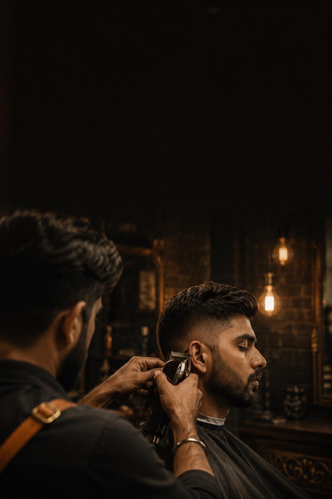 A Trimsmith barber finishing a fade under warm workshop light